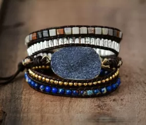 SALE - Handmade Eclipse Druzy Mix Stone 5X Leather Wrap Bracelet