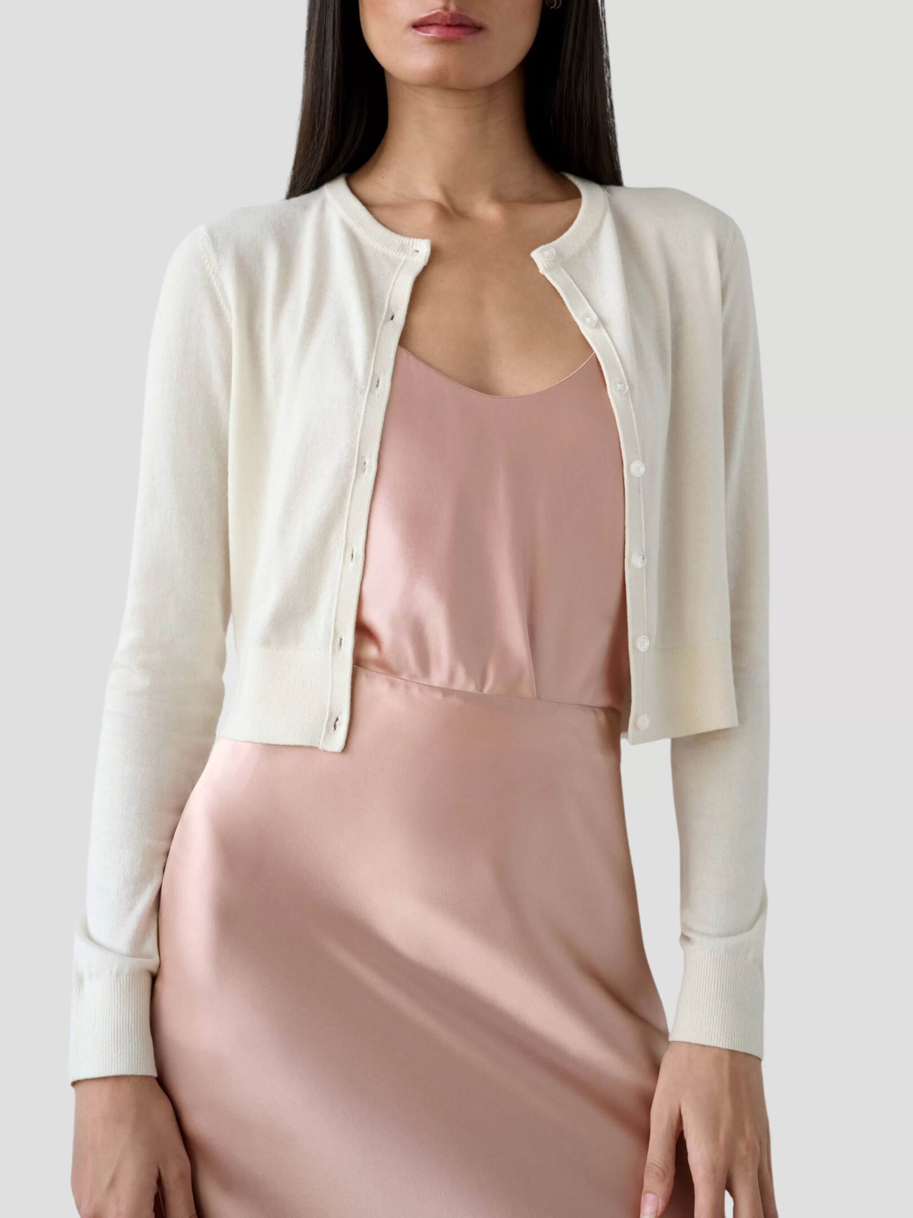 Silk Cashmere Crewneck Cardigan in Ivory