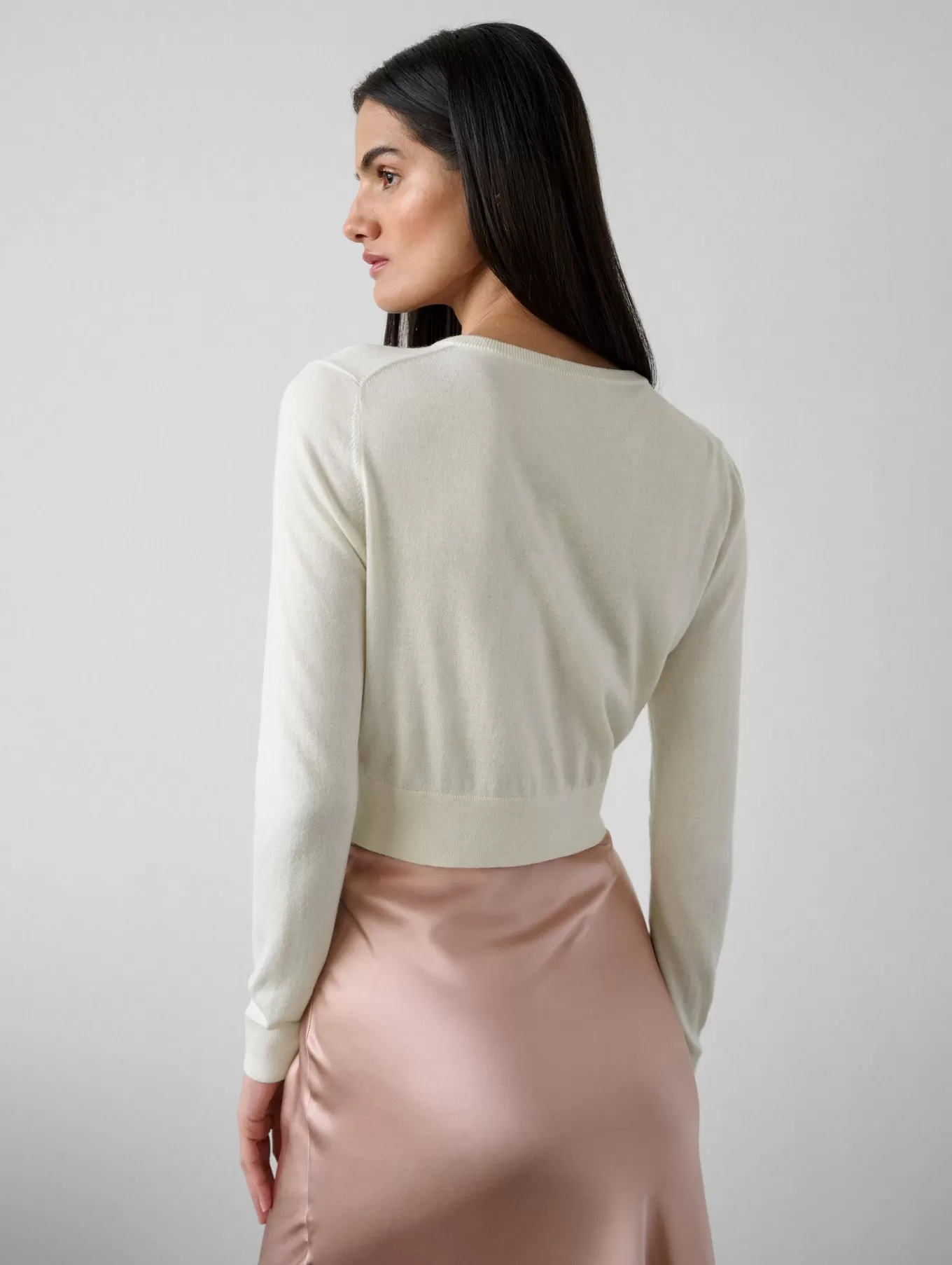 Silk Cashmere Crewneck Cardigan in Ivory