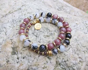 Strawberry Quartz, Black White Tourmaline Quartz Gemstone in 27 Bead Mala Bracelet with 24K Gold Vermeil Lotus Charm